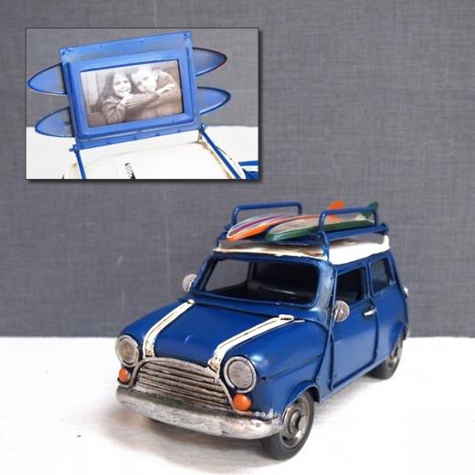 ブリキのおもちゃ車フォトスタンド(写真立て)&貯金箱 ミニクーパー・クラシックミニ (ローバーミニ) サーフキャリングカー／ブルー(Sサイズ)