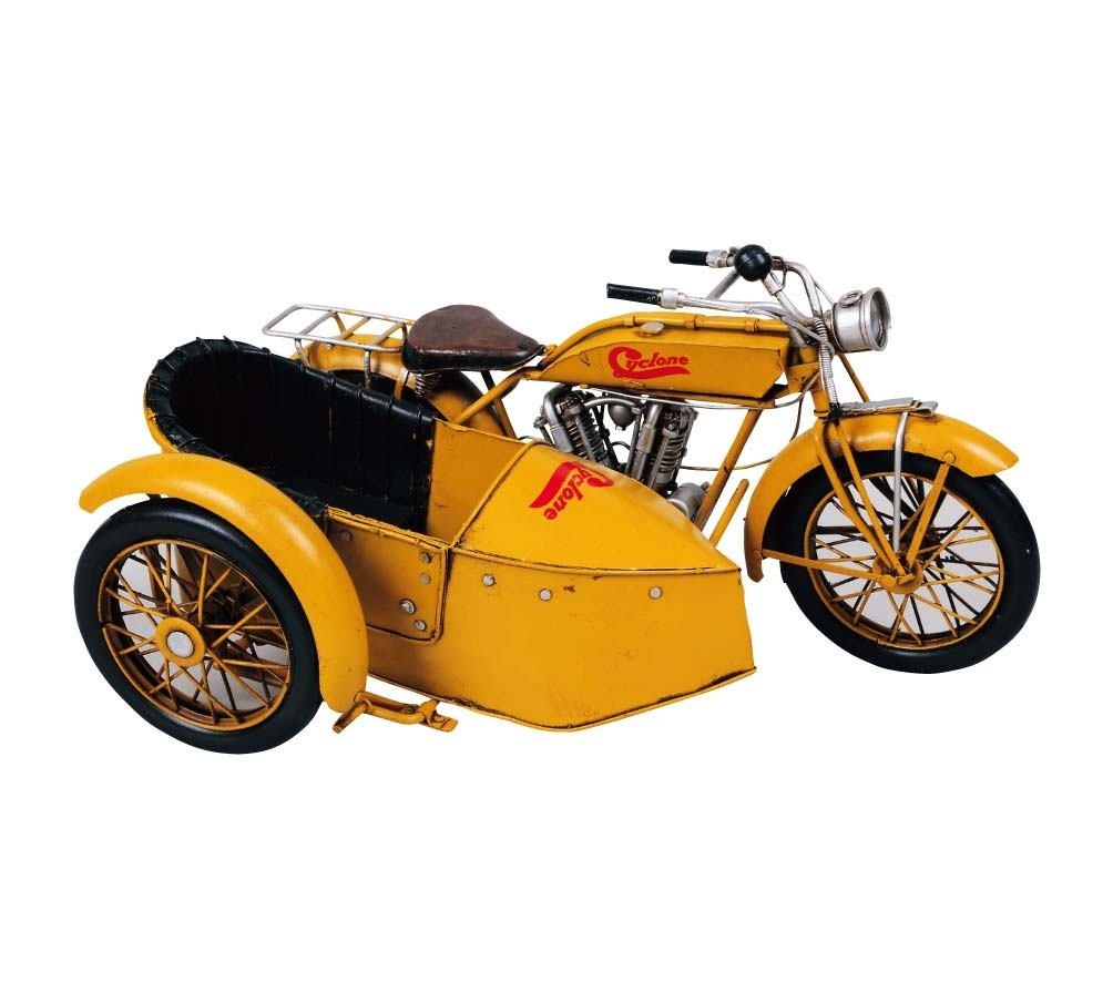ブリキのおもちゃバイク サイドカー／イエロー(Mサイズ)