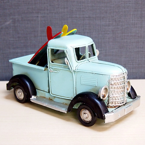 ブリキのおもちゃ車 クラシックサーフトラック／ライトブルー(Sサイズ)