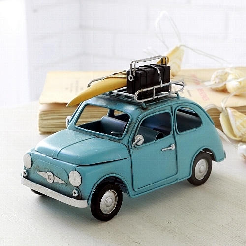 ブリキのおもちゃ車 フィアット Fiat 500 サーフキャリングカー ライトブルー Sサイズ 取り寄せ品 納期1週間前後 大人のインテリア雑貨 通販